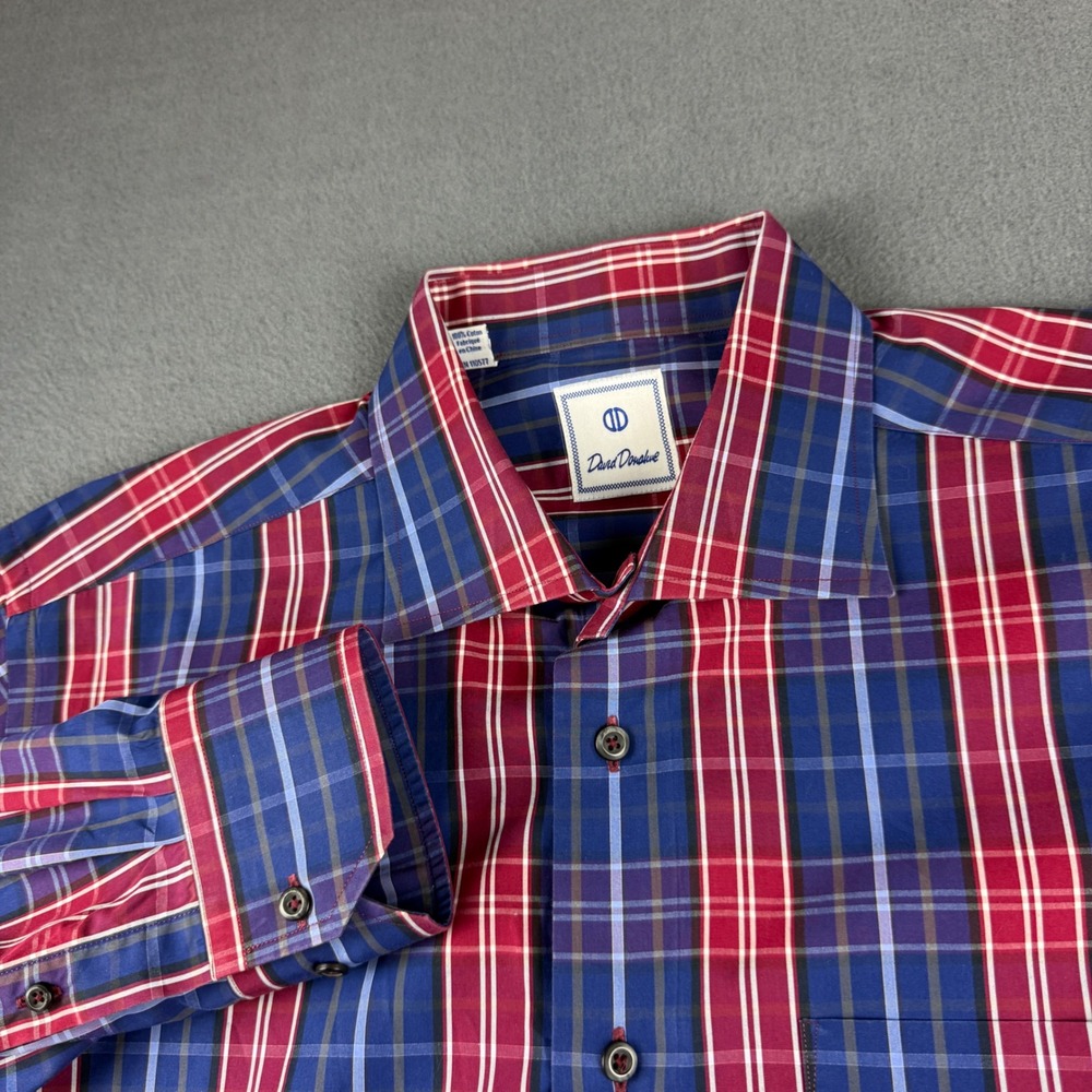 David Donahue Shirt Men's XL Blue Red Plaid Long Sleeve Button Up Cotton Dress